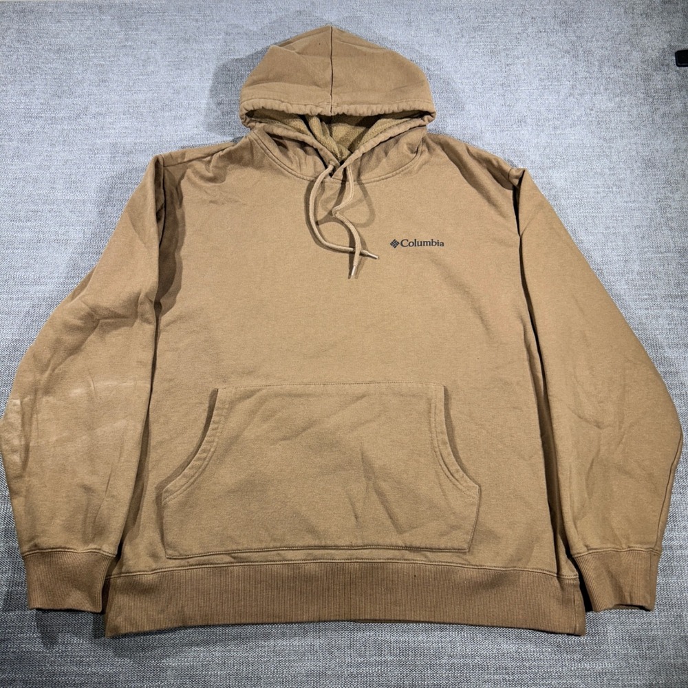 Columbia Hoodie Men XL Tan Good Graphic Mountain Sunset‎ Pullover Fleece 1223